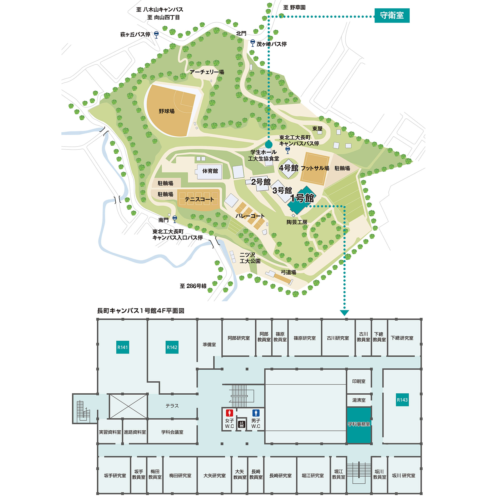 長町キャンパスと1号館4F見取り図