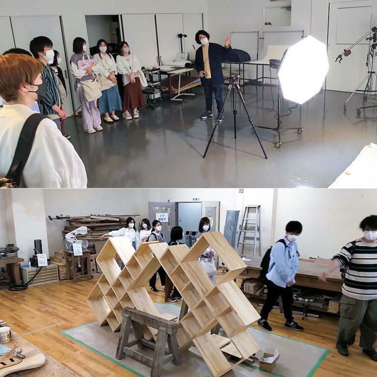 1年生対象にキャンパス施設見学ツアーを実施しました。（写真は撮影スタジオと木工房） 東北工業大学 ライフデザイン学部 産業デザイン学科